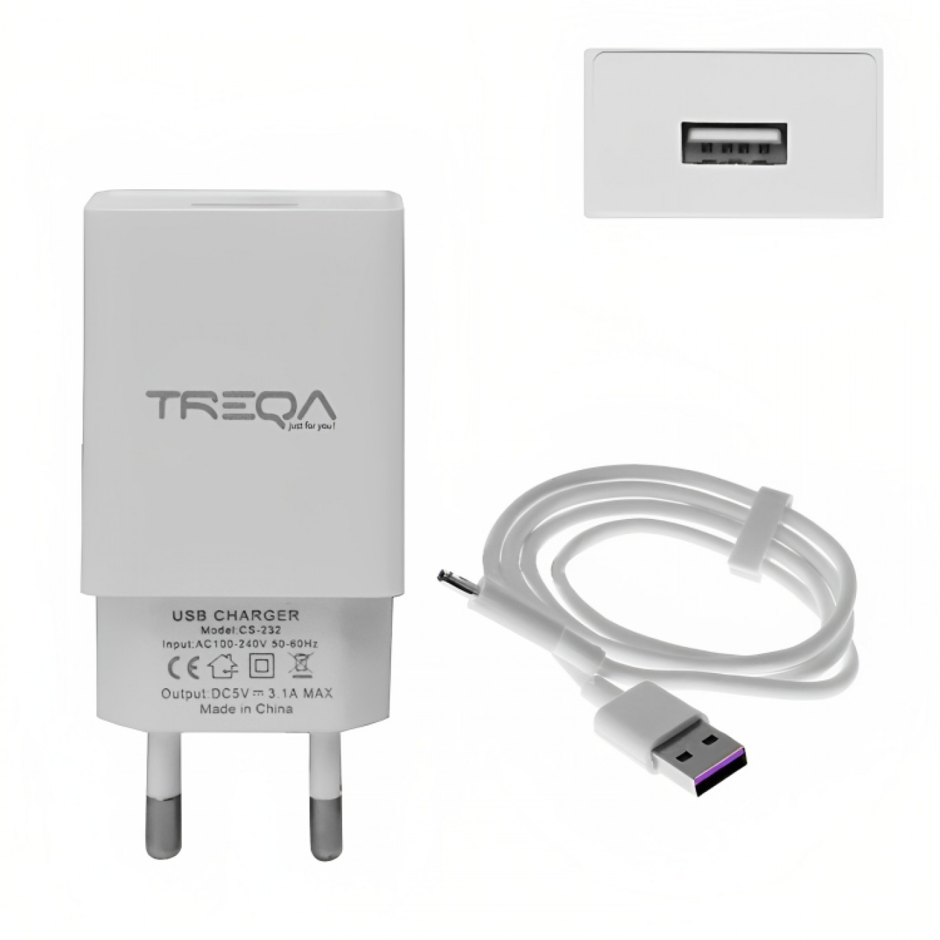 Φορτιστής Ταχείας Φόρτισης με 1 Θύρα USB 3.1A και Καλώδιο USB Type-C Treqa CS-232